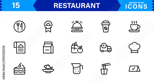 Professional Restaurant Icon Collection Featuring Food, Dining, Chef, Menu, and Kitchen Tools in a Clean, Marketable Vector Format for Stock Use