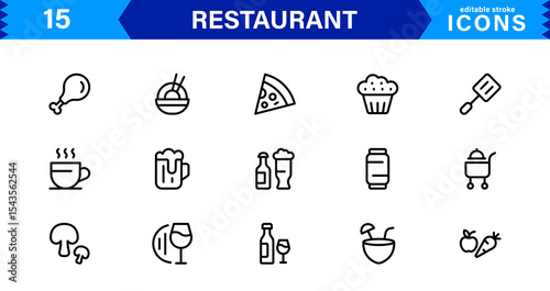 Professional Restaurant Icon Collection Featuring Food, Dining, Chef, Menu, and Kitchen Tools in a Clean, Marketable Vector Format for Stock Use