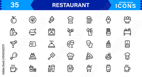 Professional Restaurant Icon Collection Featuring Food, Dining, Chef, Menu, and Kitchen Tools in a Clean, Marketable Vector Format for Stock Use