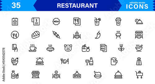 Professional Restaurant Icon Collection Featuring Food, Dining, Chef, Menu, and Kitchen Tools in a Clean, Marketable Vector Format for Stock Use