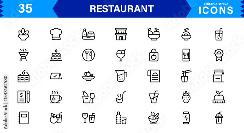 Professional Restaurant Icon Collection Featuring Food, Dining, Chef, Menu, and Kitchen Tools in a Clean, Marketable Vector Format for Stock Use
