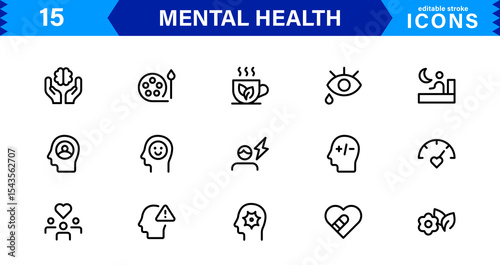 Mental Health Icon Set Representing Therapy, Well-being, Mindfulness, Support, and Emotional Health in Simple, Professional, and Download-Ready Style