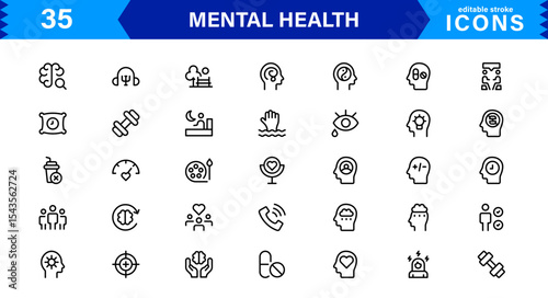 Mental Health Icon Set Representing Therapy, Well-being, Mindfulness, Support, and Emotional Health in Simple, Professional, and Download-Ready Style