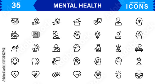 Mental Health Icon Set Representing Therapy, Well-being, Mindfulness, Support, and Emotional Health in Simple, Professional, and Download-Ready Style