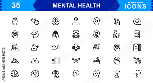 Mental Health Icon Set Representing Therapy, Well-being, Mindfulness, Support, and Emotional Health in Simple, Professional, and Download-Ready Style