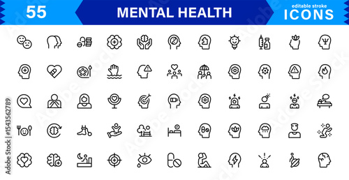 Mental Health Icon Set Representing Therapy, Well-being, Mindfulness, Support, and Emotional Health in Simple, Professional, and Download-Ready Style