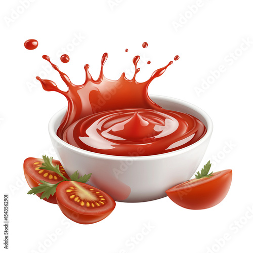 Fresh tomatoes splashing into a bowl of rich red sauce in a vibrant kitchen setting