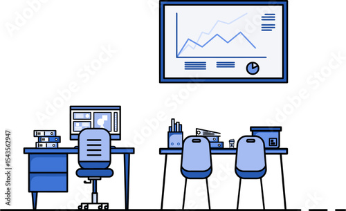 Office Workspace Illustration: Clean vector illustration of a typical office space with desk, chair, computer, and monitor displaying a line chart.