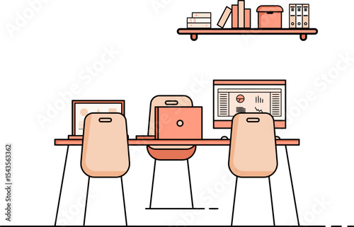 Modern Coworking Space: Clean lines and minimalist design define this contemporary coworking space, featuring multiple laptops, desktop computers, and organized shelves.