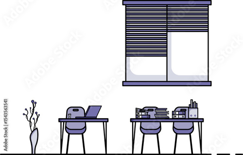 Simple Office Workspace: A minimalist illustration depicting a simple and organized office workspace with two desks, chairs, window blinds, laptop and stationery.