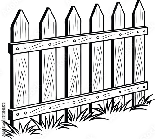 Black and White Wooden Fence with Grass picket fence