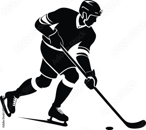 Black Silhouette Ice Hockey Player Skating Stick Puck