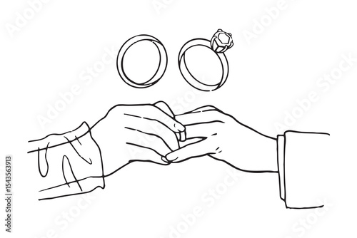 Vector hand drawn trendy summer wedding rings and hands proposal outline illustration. Elegant flat minimalist hand drawn modern art for wedding invitations, menu, graphics and design