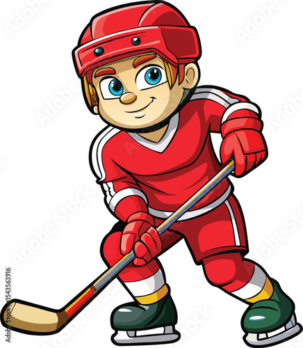 Cartoon Boy Ice Hockey Player Red Jersey Stick hockey stick