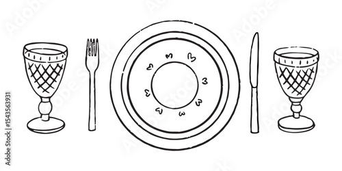 Vector hand drawn trendy summer wedding dinner plates and glasses outline illustration. Elegant flat minimalist hand drawn modern art for wedding invitations, menu, graphics and design