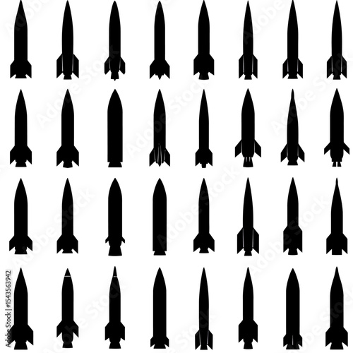 Multiple Missile Silhouettes Representing Strategic Military Power and Defense Capability in Different Types of Ballistic Trajectory Weapons Development