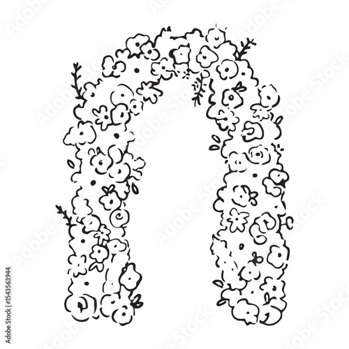 Vector hand drawn trendy summer wedding floral arch outline illustration. Elegant flat minimalist hand drawn modern art for wedding invitations, menu, graphics and design