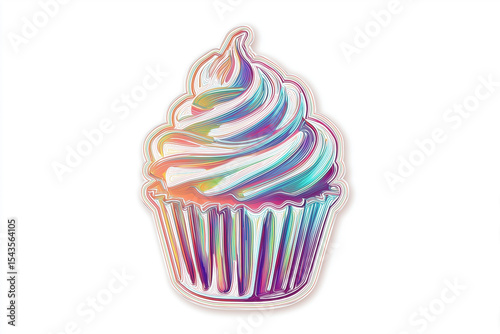 A cupcake sticker with a neon outline isolated on a white background