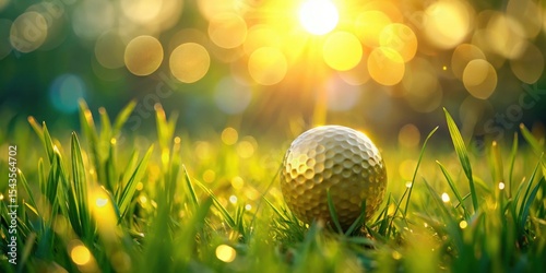 Golden Golf Ball at Dawn in Lush Green Grass, Illuminated by the Rising Sun's Warm Rays