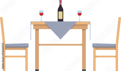 Romantic Dinner Table Setting: A cozy and intimate setting for two, featuring a wooden table adorned with a gray tablecloth, two wine glasses filled with red wine, and a bottle of wine.