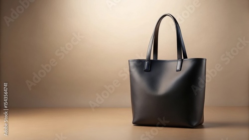 A sophisticated black leather tote bag rests elegantly on a neutral backdrop, showcasing its smooth texture and simple design, perfect for everyday use or a special occasion.