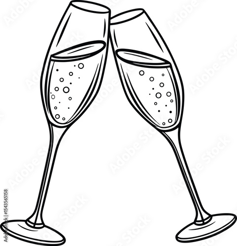 Two Champagne Flutes Toasting Black and White Line Art