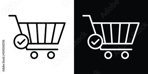 Shopping cart and check mark icon filled flat sign concept for web design.