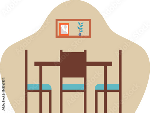 Dining Room Harmony: An inviting illustration of a dining room interior, featuring a square table flanked by chairs and adorned with a picture and a plant, creating a warm, domestic atmosphere.