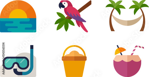 Sunset scene and parrot with diving mask beach bucket and drink icon set for tropical holiday  