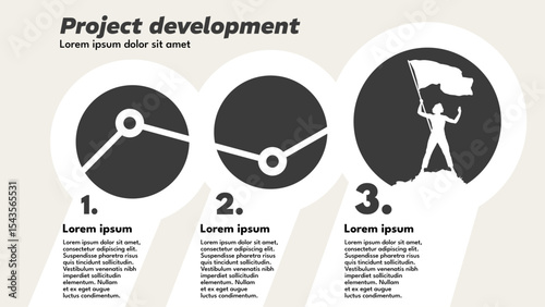 project development infographic template – three-step process with woman standing on mountain peak holding flag