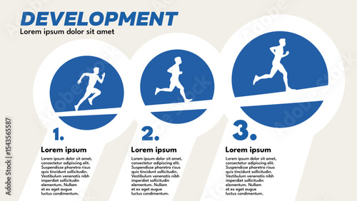Project Development – Infographic Template, Three-Step Process with Running Men – Vector Illustration