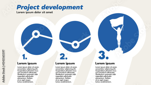 project development infographic template – three-step process with woman standing on mountain peak holding flag