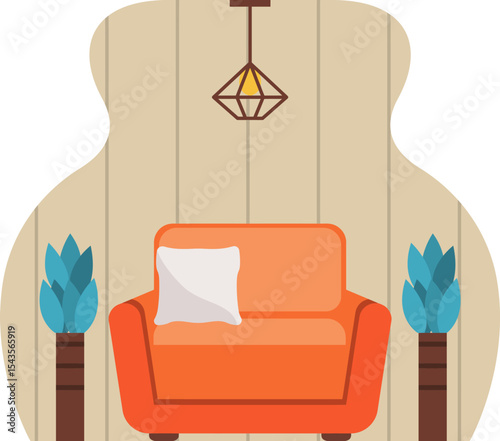Cozy Orange Armchair in Room: Embrace tranquility with this orange armchair illustration that offers an inviting and cozy nook for unwinding and relaxing.