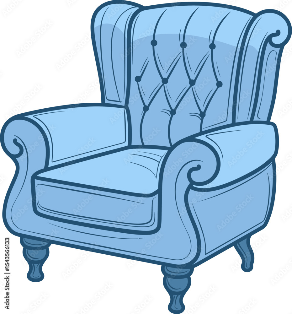 Elegant armchair: A detailed illustration showcases a classic, elegant armchair in serene blue hues. The piece has comfortable design and is fit for a luxurious lifestyle. Elegant armchair: A detailed illustration showcases a classic, elegant armchair in serene blue hues. The piece has comfortable design and is fit for a luxurious lifestyle.