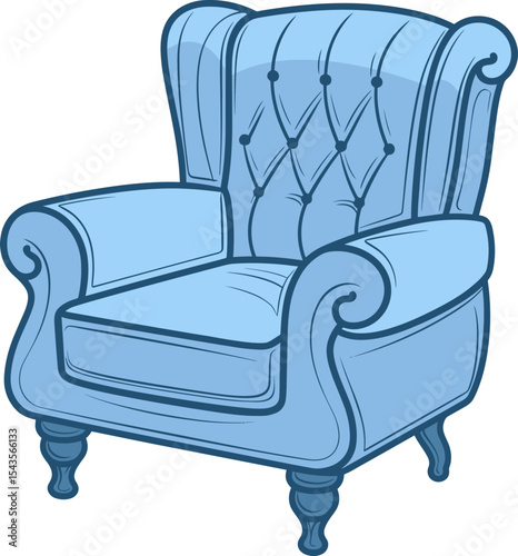 Elegant armchair: A detailed illustration showcases a classic, elegant armchair in serene blue hues. The piece has comfortable design and is fit for a luxurious lifestyle.