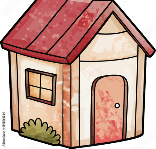 Cozy Wooden House: A charming watercolor-style illustration depicts a simple wooden house with a red roof and inviting entrance.