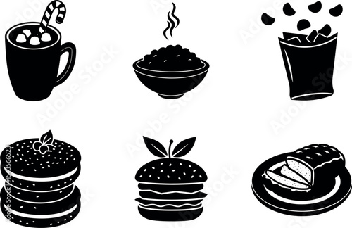 Various food and drink items in black silhouette vector illustration