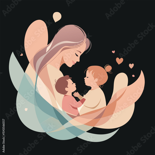 Mother Holding Her Two Children With Love