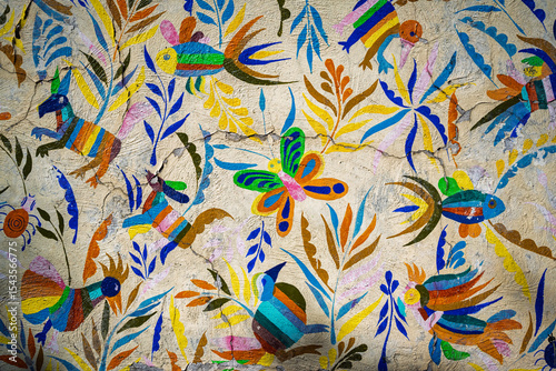 Mexican Otomi Folk Art Mural with Colorful Animals and Flowers