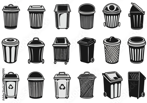 A Variety of Waste Receptacles A Collection of Trash Bins and Garbage Cans for Homes and Public Spaces