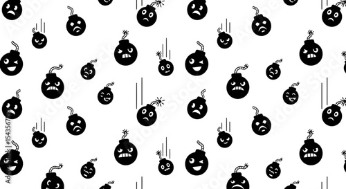 The Black-and-White Cartoon Styled Seamless Pattern Of Falling Explosive Bombs Emoticon Style Designs Vector Illustration Background