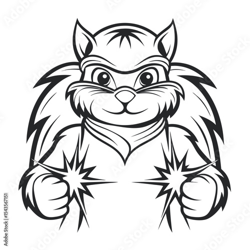 Detailed Line Art of a Squirrel Superhero with a Mask and Energy Bolts Emanating From Fists, Depicting Power and Determination, Ready for Coloring Books.