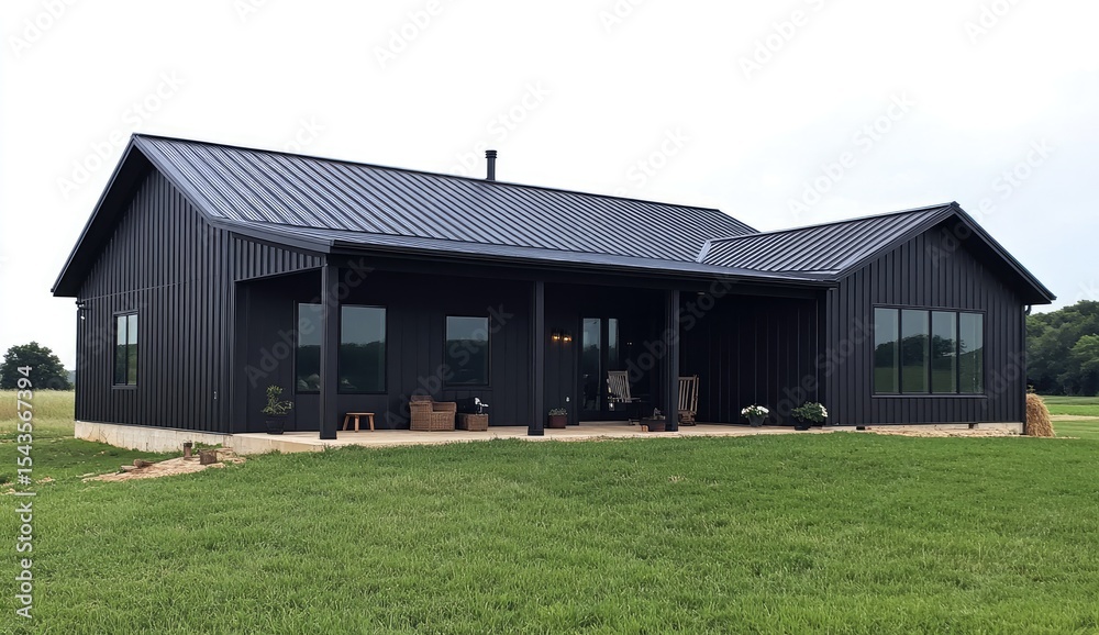 Obraz premium Modern black farmhouse with covered porch