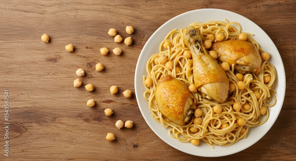 Fototapeta premium Rechta Algerian noodles with chicken and chickpeas, positioned asymmetrically following rule of thirds, rustic wooden table 1