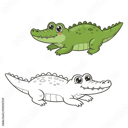 "Happy Cartoon Alligator in Color and Outline – Fun Reptile Drawing for Kids’ Coloring Books and Educational Activities"