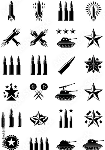 Military Arsenal A Collection of War Machines Ammunition and Emblems Depicting Conflict Strategy and Battlefield Equipment Elements Set