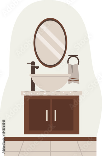 Bathroom Vanity: A minimalist bathroom interior with a stylish vanity, an oval mirror, and essential accessories evokes a sense of serenity and functionality. 