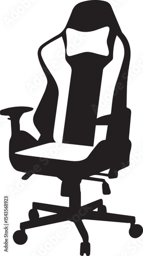 Ergonomic office chair silhouette, high back support, gaming seat, modern furniture, wheeled base, armrests, headrest pillow, black outline, work comfort design