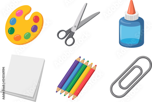 Creative tools layout including paint palette scissors glue paper clip and rainbow pencil items  