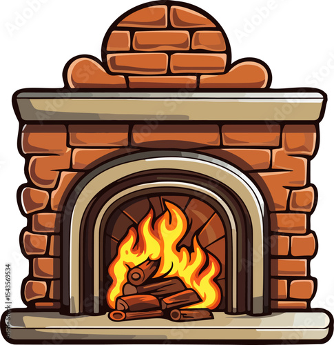 Cozy Fireplace Scene: Warmth and comfort emanate from a cartoon fireplace, depicting a roaring fire with glowing flames, casting a warm light with burning firewood in a brick structure.